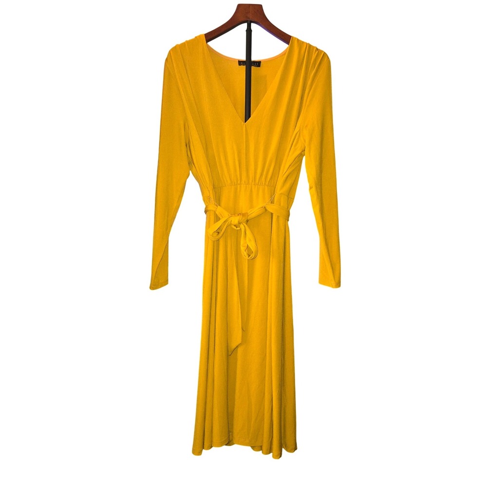 Eloquii V-Neck Midi Dress Womens 20 Yellow Long Sleeve‎ Tie Waist Stretch Jersey
